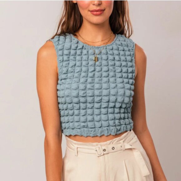 Le Lis Rock and a Hard Place Bubble Puff Crop Tank Light Blue Size Small - Picture 1 of 5